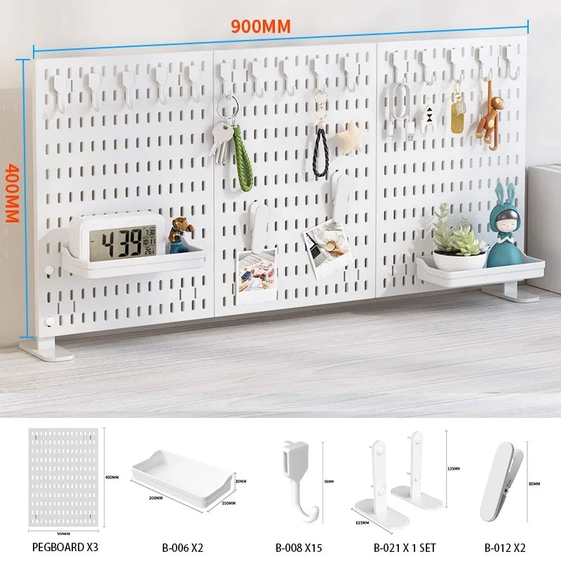 Desktop pegboard storage kit: Stand-up clip - on panels, perfect for home office and study storage.