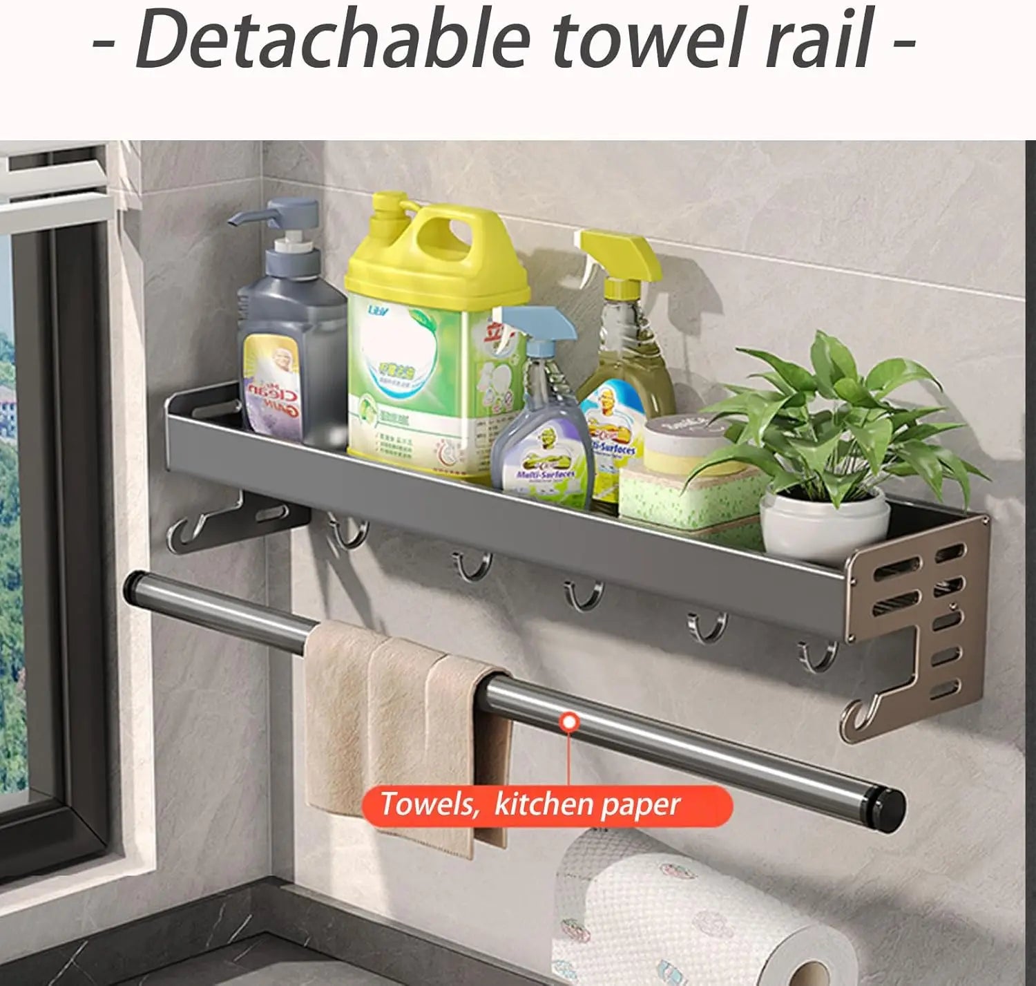 Wall Mount Utensil Holder Multifunctional Spice Organizer Shelf with Hooks Kitchen Hanging Storage Wall Shelf