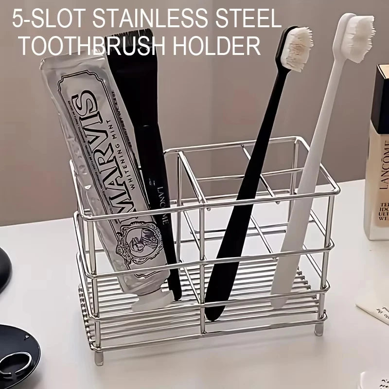 5-Slot Stainless Steel Toothbrush Holder - Space-Saving Freestanding Design, No Installation Required, Ideal for Bathrooms