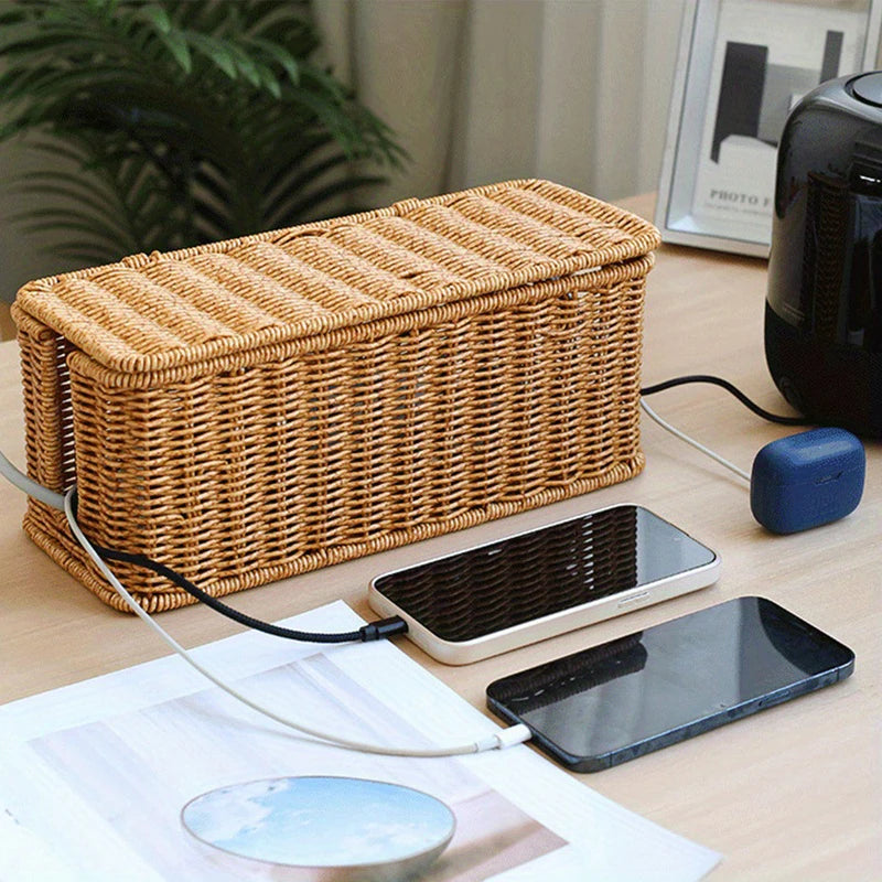 Handcrafted Rattan Cable Management Box Durable Rattan CableStorage Basket Cords Hider Box Desk Cord Organizer Space-Saving