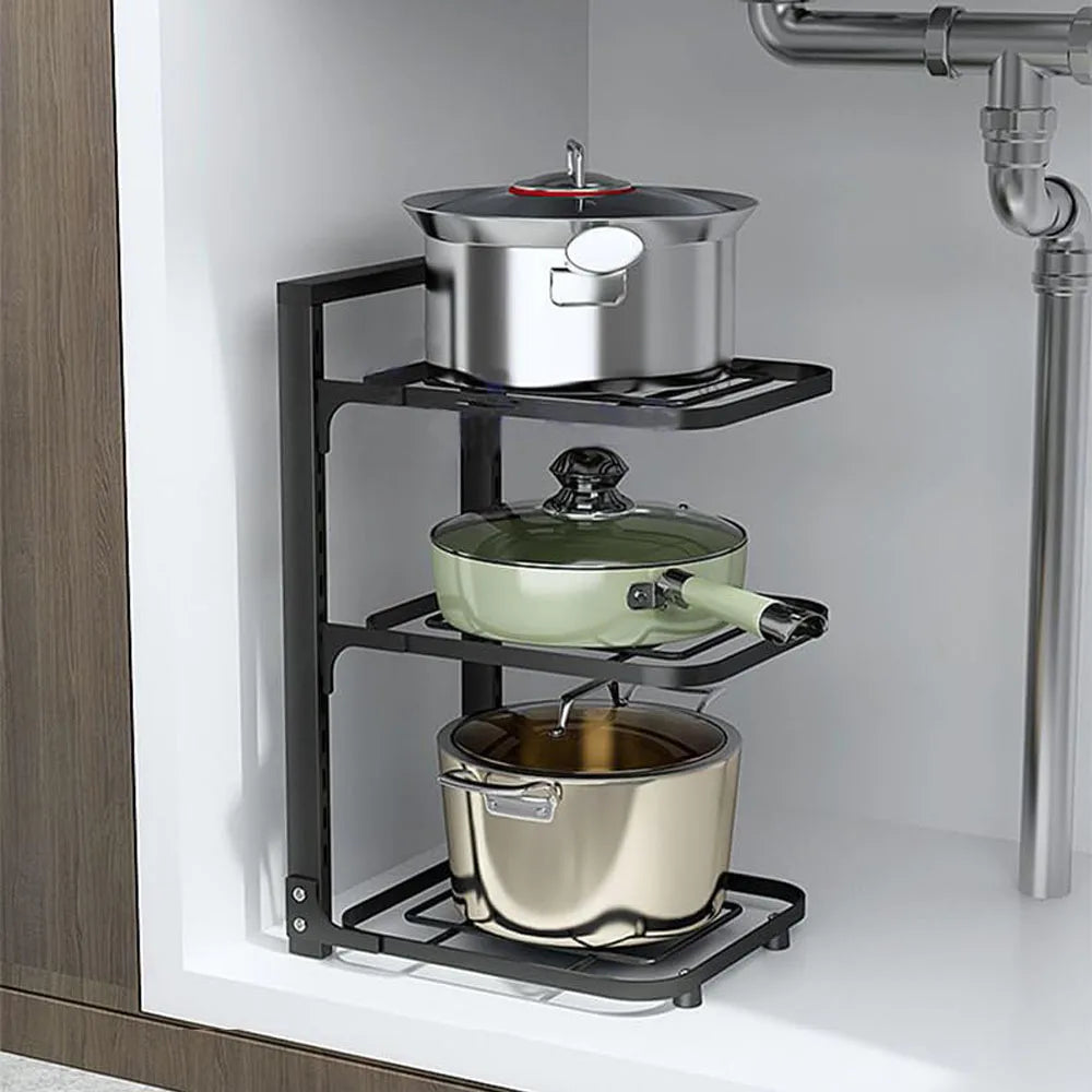 Height Adjustable Heavy Duty Pot and Pan Organizer Rack for under Cabinet and Under Sink Organizers and Storage