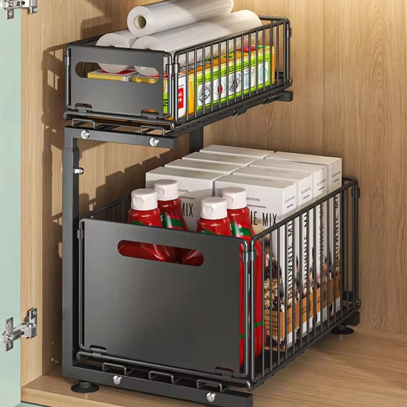 Pull-Out Under Sink Organizer, 2-Tier Adjustable Height Sliding Shelf for Kitchen/Bathroom Cabinet Storage Black & White