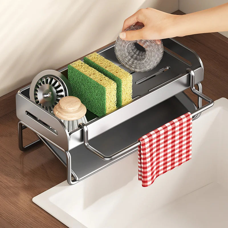 Kitchen Shelf with Pole. Sink Cloth Sponge Drain Faucet Sink Dishwashing Steel Wire Ball Sponge Wipe Storage, Tilted Water Tray