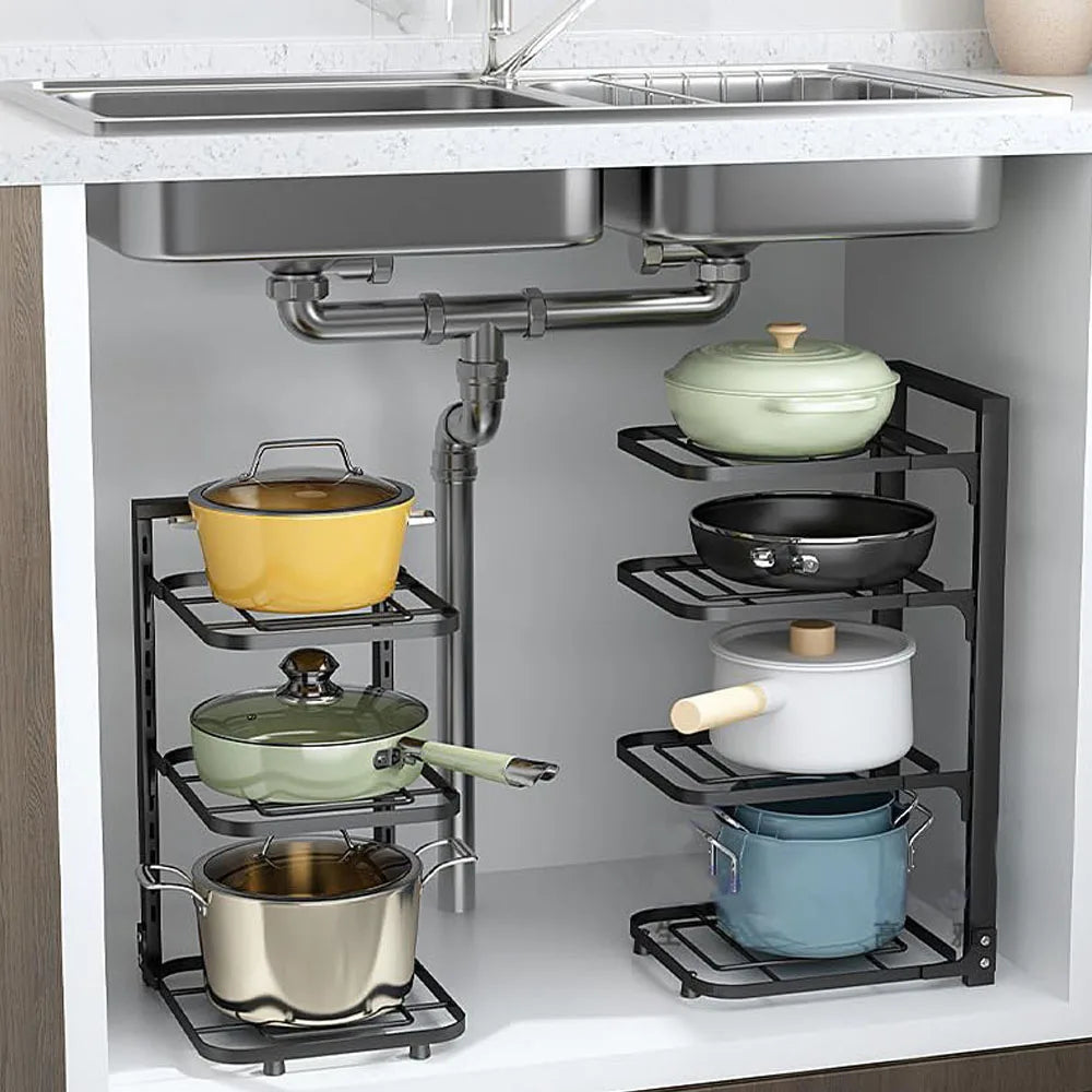 Height Adjustable Heavy Duty Pot and Pan Organizer Rack for under Cabinet and Under Sink Organizers and Storage