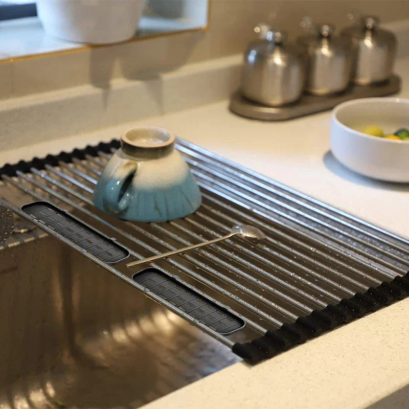 1 PCS Compact Stainless Steel Roll-Up Dish Drying Rack – Space-Saving, Multi-Functional Sink Storage, Rust-Proof & Easy Clean
