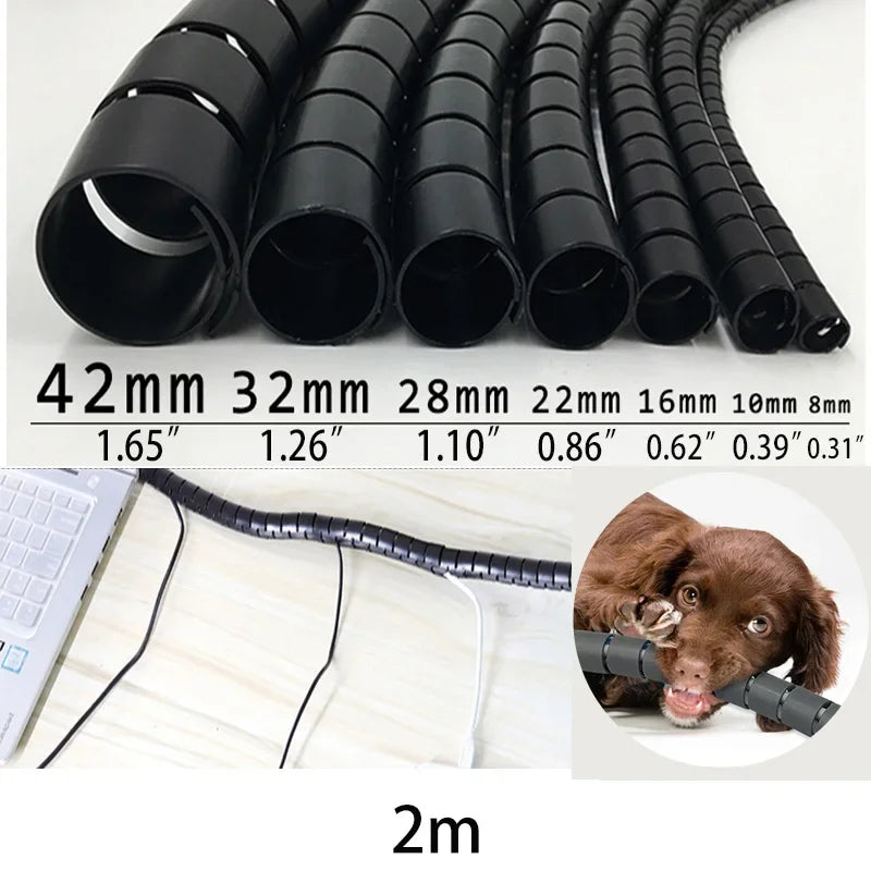 2m 8/10/16/22/28/32/42mm Cable Protector Wire Organizer Computer Cord Protective Bite Tube Clip Management Tool Spiral Winder