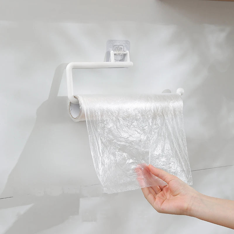 No-Drill Under Cabinet Paper Towel Holder with Towel Hook,Self-Adhesive Plastic Paper Roll Rack,Kitchen Tissue & Cloth Organizer
