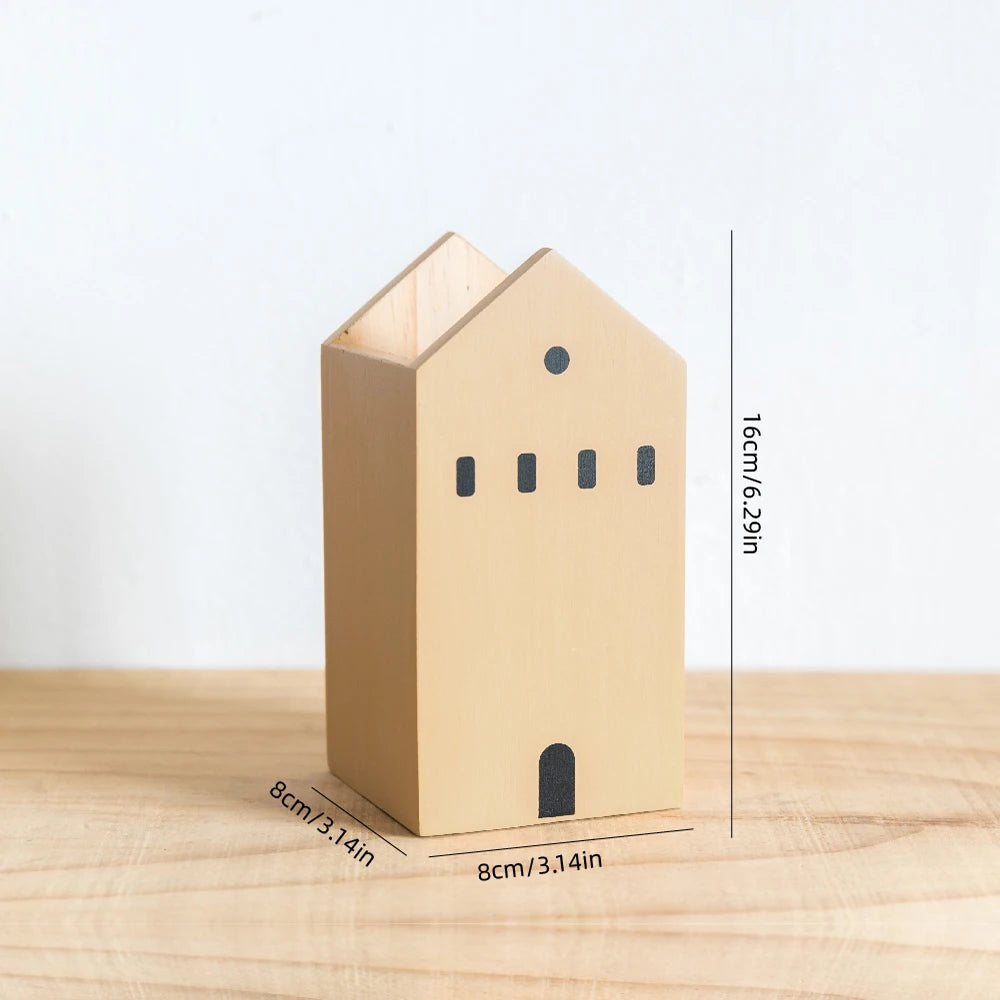 Cartoon House Wooden Pen Holder Pencil container Makeup Brush Stationery storage box Student/ Office Desktop Storage Organiser