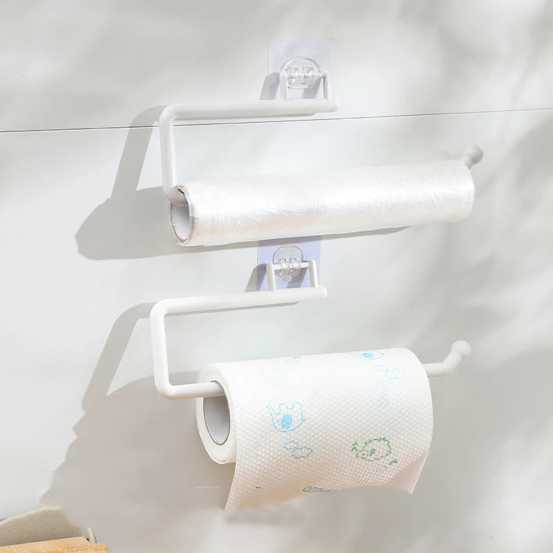 No-Drill Under Cabinet Paper Towel Holder with Towel Hook,Self-Adhesive Plastic Paper Roll Rack,Kitchen Tissue & Cloth Organizer