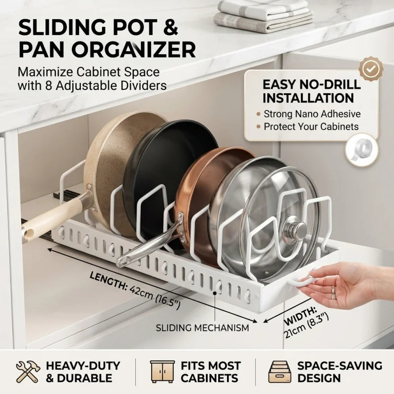 Sliding Kitchen Pull Out Pots And Pans Organizer Under Cabinet Storage Tray With 8 Adjustable Dividers For Cookware Lids Rack