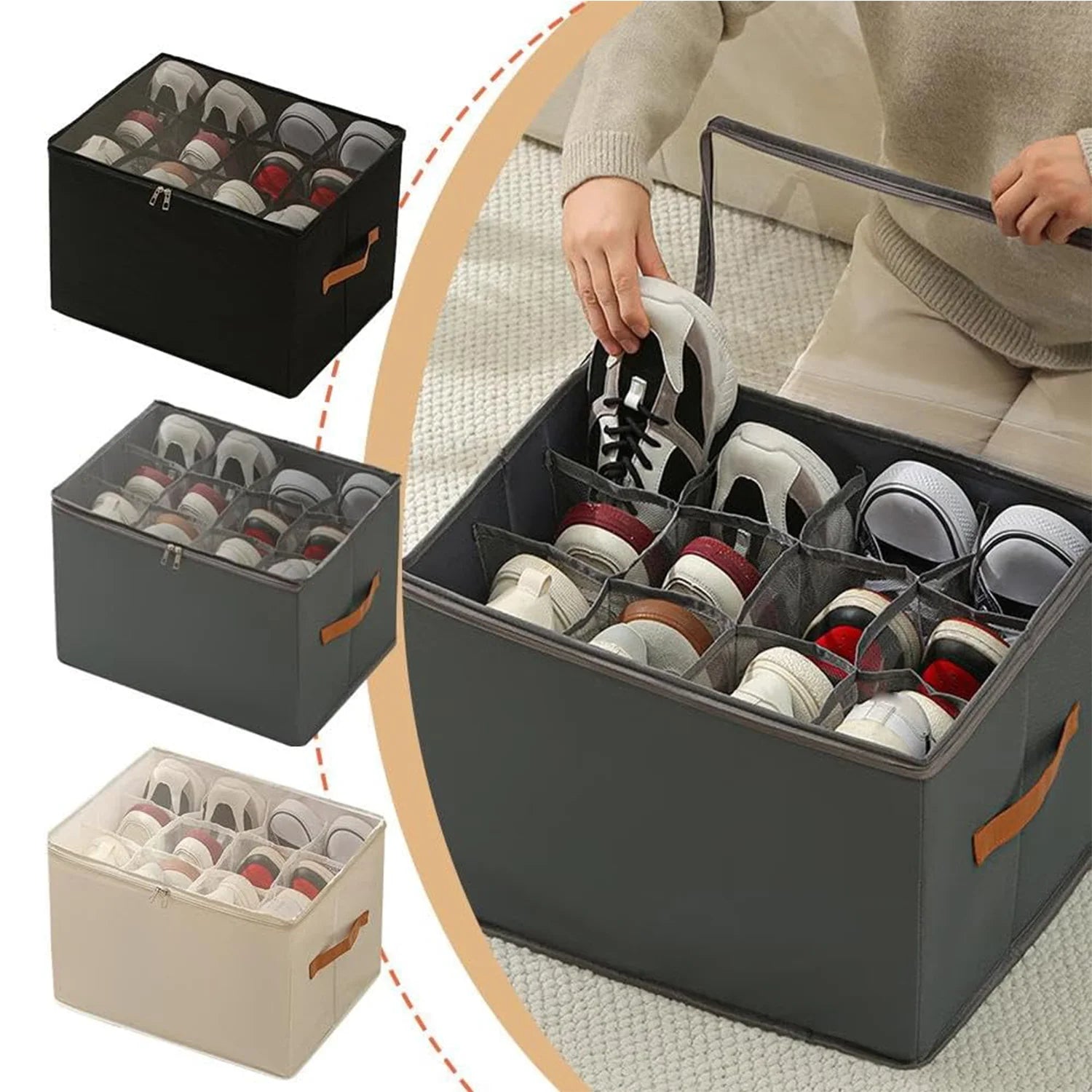 Shoes Storage Organizer Collapsible Fabric Bin Shoe Storage Bag Foldable Storage with Handles & Clear Cover for Entryway Bedroom