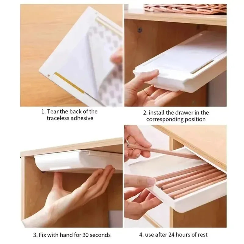 Hidden storage box, desk storage drawer, self-adhesive plastic desktop storage rack