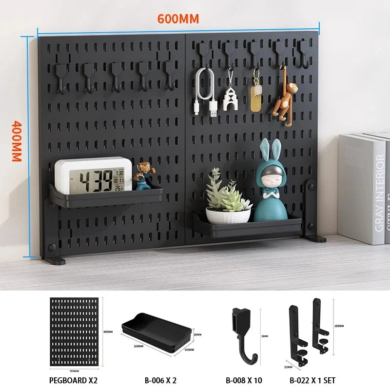 Desktop pegboard storage kit: Stand-up clip - on panels, perfect for home office and study storage.