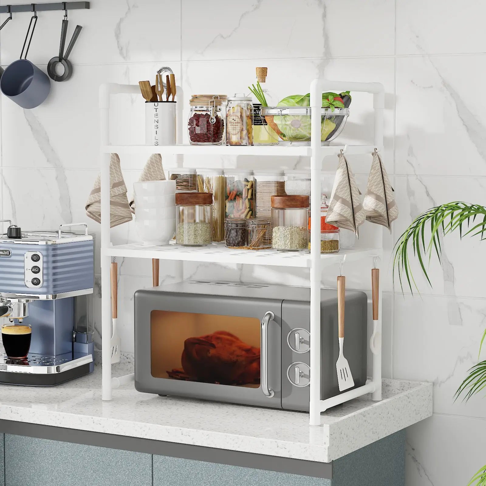 Extra Wide Microwave Stand - 2-Tier Heavy-Duty Kitchen Shelf for Oven Toaster & Spice Racks with Handrail Hooks Non-Slip