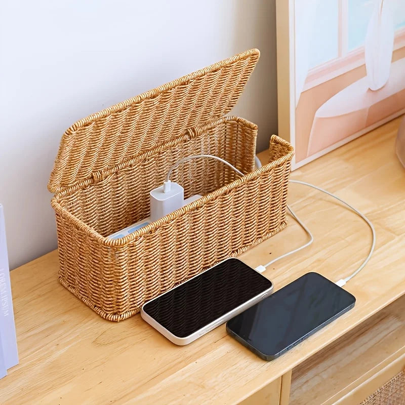 Handcrafted Rattan Cable Management Box Durable Rattan CableStorage Basket Cords Hider Box Desk Cord Organizer Space-Saving