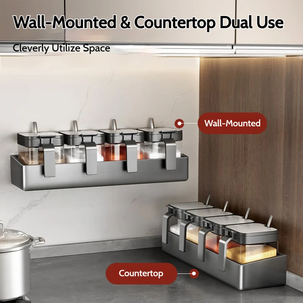 Grey Wall-Mounted Kitchen Spice Rack Kitchen Storage Rack Household Multifunctional Carbon Steel Storage Box Kitchen Accessories