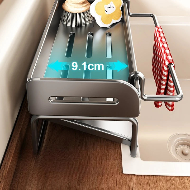 Kitchen Shelf with Pole. Sink Cloth Sponge Drain Faucet Sink Dishwashing Steel Wire Ball Sponge Wipe Storage, Tilted Water Tray
