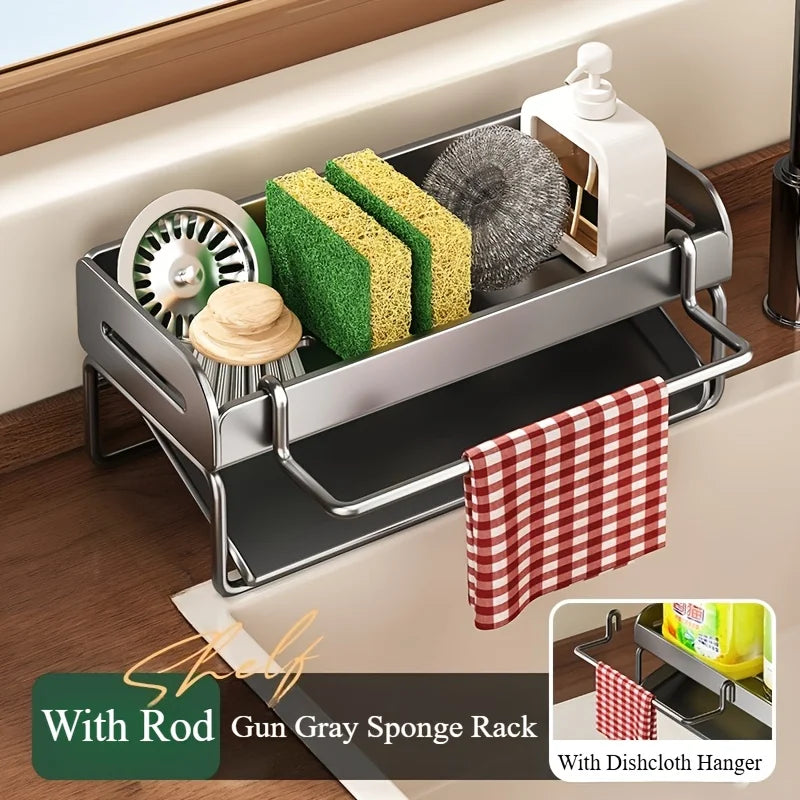 Kitchen Shelf with Pole. Sink Cloth Sponge Drain Faucet Sink Dishwashing Steel Wire Ball Sponge Wipe Storage, Tilted Water Tray