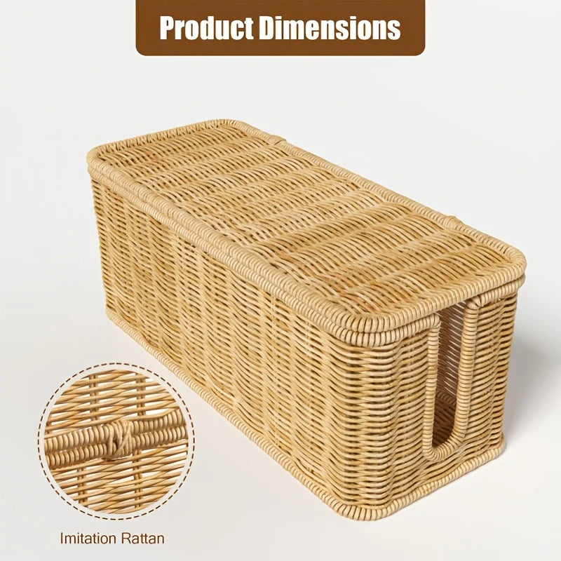 Handcrafted Rattan Cable Management Box Durable Rattan CableStorage Basket Cords Hider Box Desk Cord Organizer Space-Saving