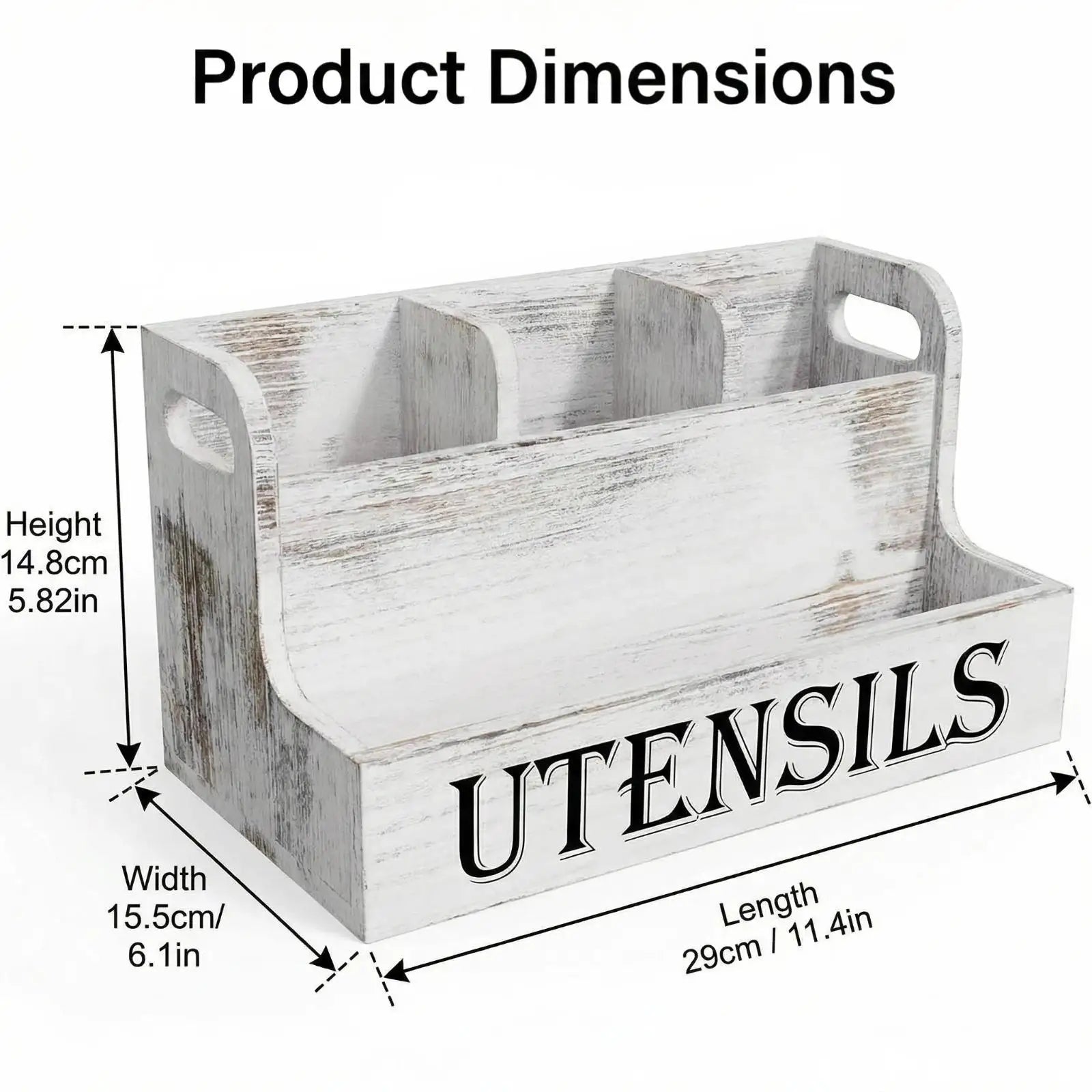 Wooden Kitchen Utensil Rack - With 4 Compartments Kitchen Utensil Organizer, Rustic Farmhouse Countertop Cookware Storage Box