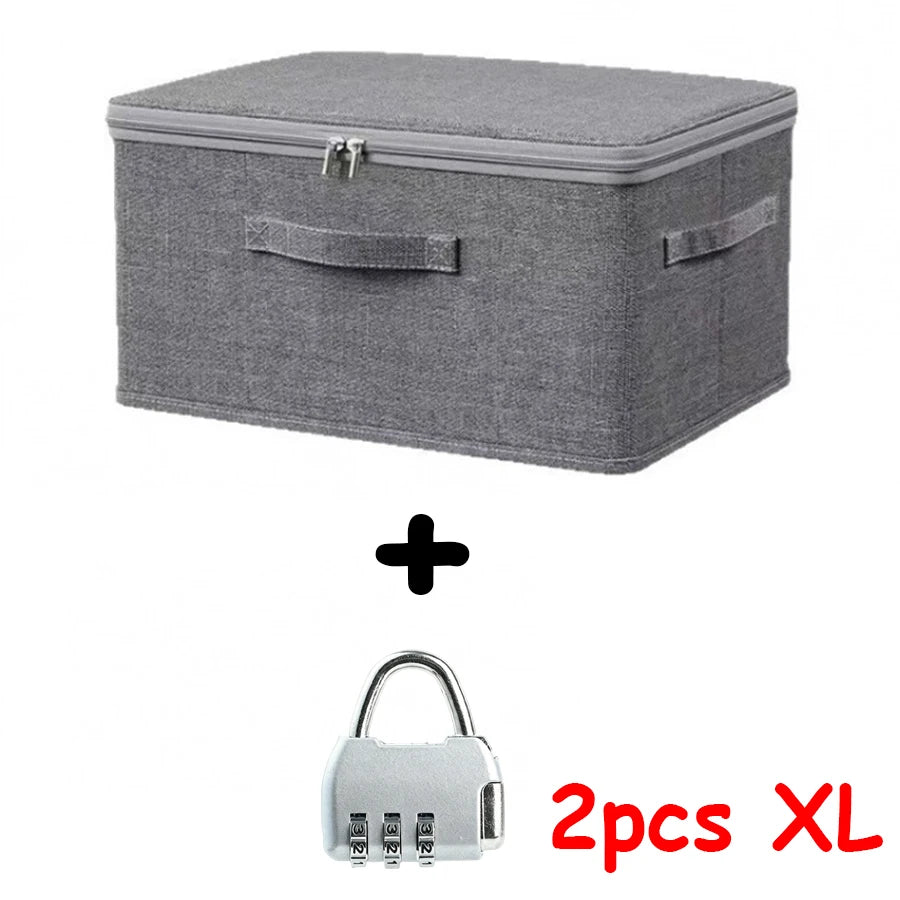 2pcs Set: 1pc Storage Box & 1pc Metal Combination Lock Large Thick Foldable Storage Bin, Ideal for Wardrobe Clothing Organization And Living Room Clutter Management