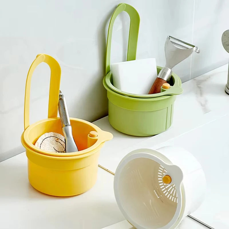 2IN1 Sink Drain Basket Faucet Hanging Filter Bag Adjustable Automatic Dumping Basket Sink Sponge Rack Kitchen Waste Collector