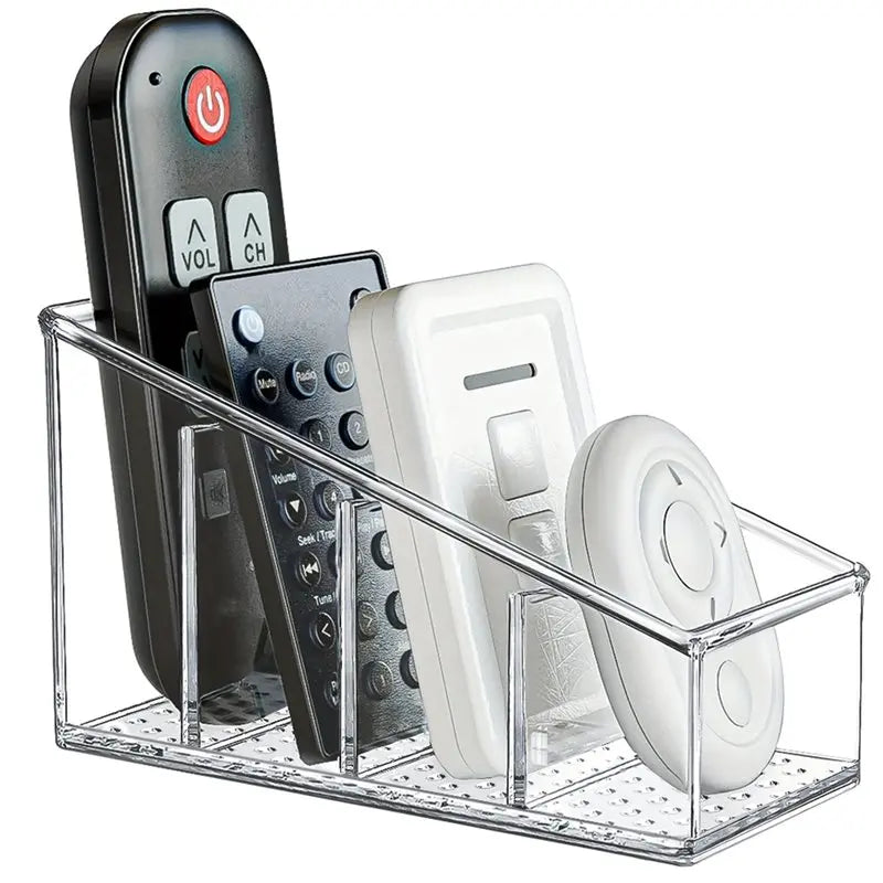 Clear Plastic Remote Control Organizer With 4 Storage Compartments And Desk Holder For Home And Office Use