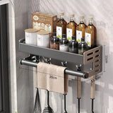 Wall Mount Utensil Holder Multifunctional Spice Organizer Shelf with Hooks Kitchen Hanging Storage Wall Shelf