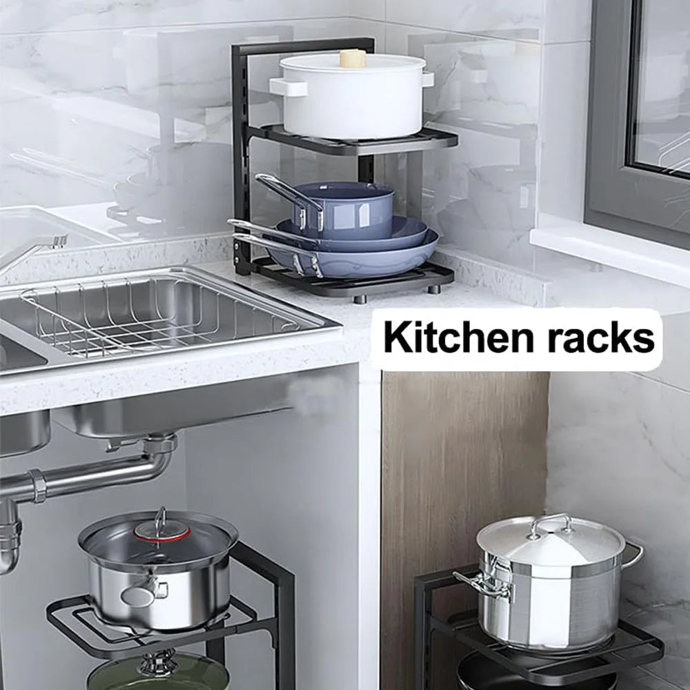 Height Adjustable Heavy Duty Pot and Pan Organizer Rack for under Cabinet and Under Sink Organizers and Storage