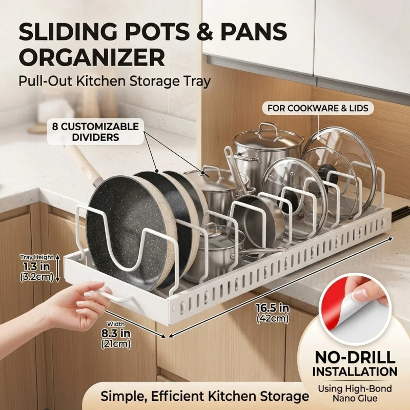 Sliding Kitchen Pull Out Pots And Pans Organizer Under Cabinet Storage Tray With 8 Adjustable Dividers For Cookware Lids Rack