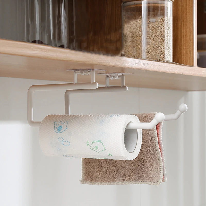No-Drill Under Cabinet Paper Towel Holder with Towel Hook,Self-Adhesive Plastic Paper Roll Rack,Kitchen Tissue & Cloth Organizer