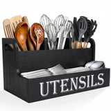 Wooden Kitchen Utensil Rack - With 4 Compartments Kitchen Utensil Organizer, Rustic Farmhouse Countertop Cookware Storage Box