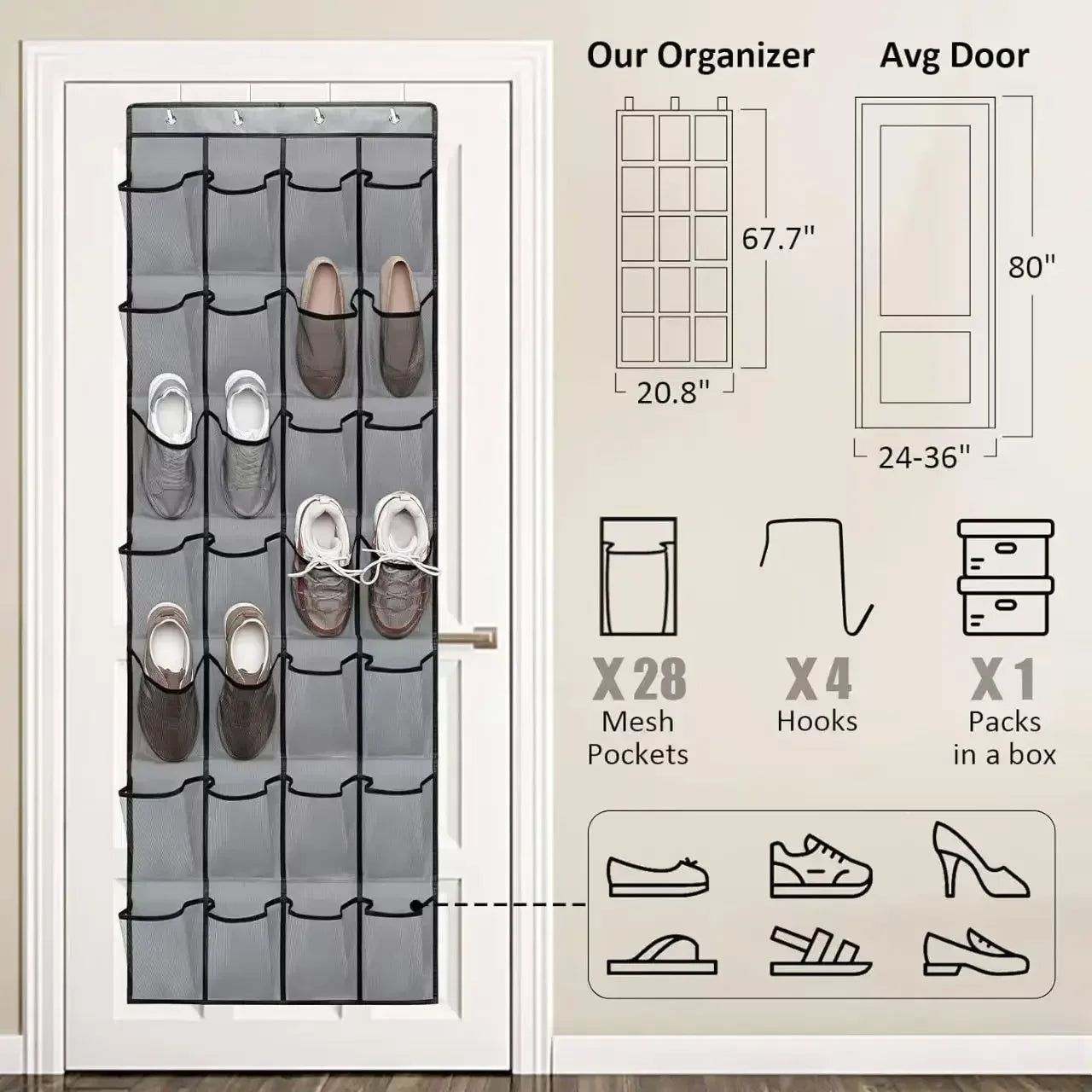 14/24/40 Grids Over The Door Shoe RackMesh Pockets Hanging Shoe Organizer For Closet Hanging Shoe Rack Holder