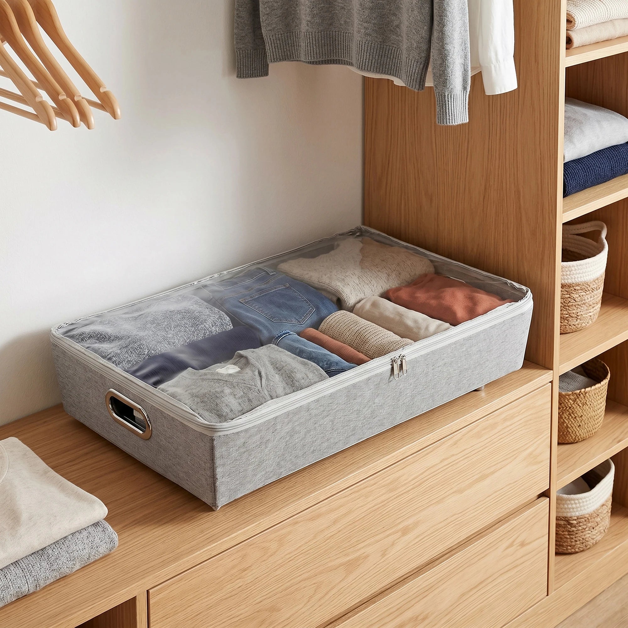 Rolling Under Bed Storage Bin with Zipper for Shoes and Clothes Organization in Gray