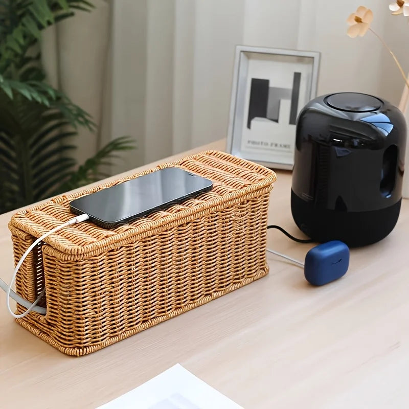Handcrafted Rattan Cable Management Box Durable Rattan CableStorage Basket Cords Hider Box Desk Cord Organizer Space-Saving