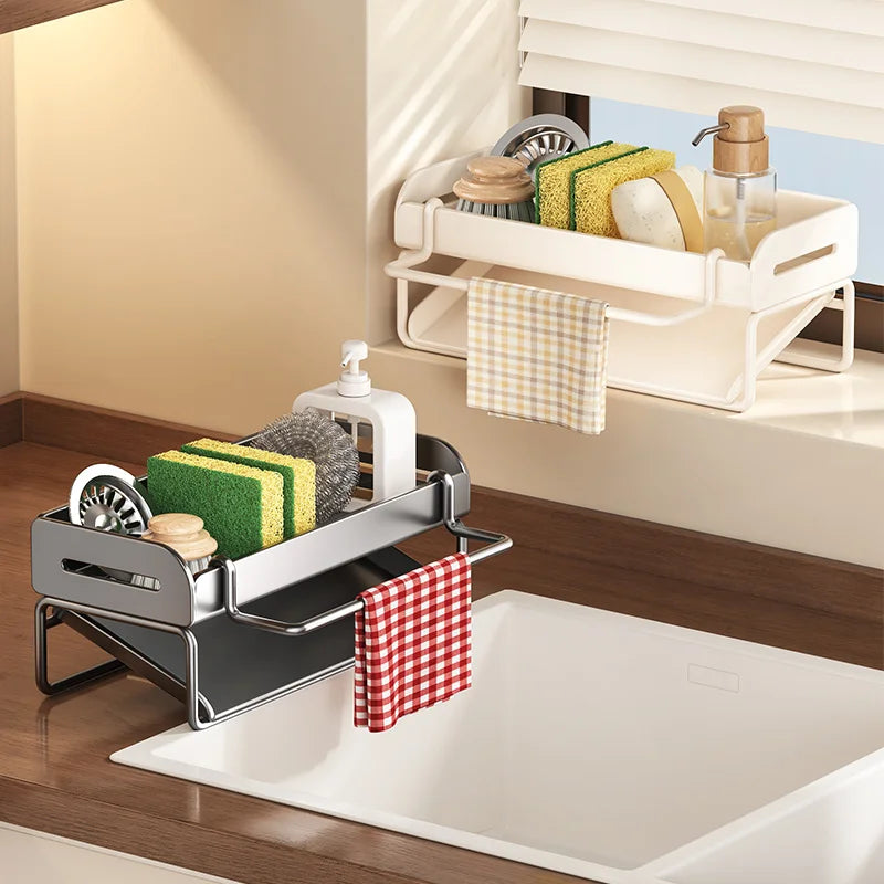 Kitchen Shelf with Pole. Sink Cloth Sponge Drain Faucet Sink Dishwashing Steel Wire Ball Sponge Wipe Storage, Tilted Water Tray