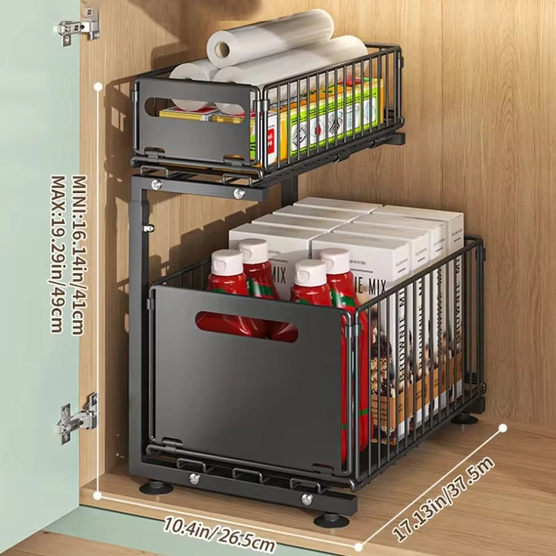 Pull-Out Under Sink Organizer, 2-Tier Adjustable Height Sliding Shelf for Kitchen/Bathroom Cabinet Storage Black & White