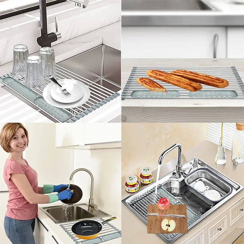 1 PCS Compact Stainless Steel Roll-Up Dish Drying Rack – Space-Saving, Multi-Functional Sink Storage, Rust-Proof & Easy Clean