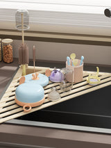 Foldable Drain Rack Kitchen Sink Organizer withTowel BarAdjustable Over Sink Drainer for Dishes, Glasses, Pots & Pans