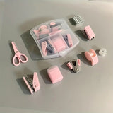 8 PCS Mini Office Supplies Set with Portable Case - Including Scissors Tape Box Pencil Case Puncher and Staples