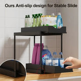 Double-Layer Pull-Out Kitchen Storage Rack, Non-Slip and Stable, Multifunctional Storage Box with Five Hooks, Under-Sink Brush Holder, Double-Layer Drawer Storage Rack, Suitable for Kitchen and Bathroom Countertop Sink Storag
