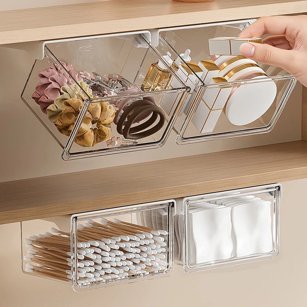 Transparent Drawer Storage Box Pull-Out Under Mirror Cabinet Oragnizer Case Bathroom Cotton Stick Makeup Holder