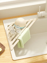 Foldable Drain Rack Kitchen Sink Organizer withTowel BarAdjustable Over Sink Drainer for Dishes, Glasses, Pots & Pans
