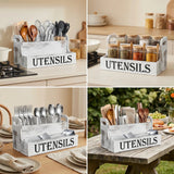 Wooden Kitchen Utensil Rack - With 4 Compartments Kitchen Utensil Organizer, Rustic Farmhouse Countertop Cookware Storage Box