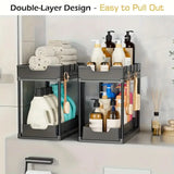 Double-Layer Pull-Out Kitchen Storage Rack, Non-Slip and Stable, Multifunctional Storage Box with Five Hooks, Under-Sink Brush Holder, Double-Layer Drawer Storage Rack, Suitable for Kitchen and Bathroom Countertop Sink Storag
