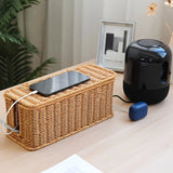 Handcrafted Rattan Cable Management Box Durable Rattan CableStorage Basket Cords Hider Box Desk Cord Organizer Space-Saving