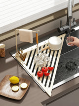 Foldable Drain Rack Kitchen Sink Organizer withTowel BarAdjustable Over Sink Drainer for Dishes, Glasses, Pots & Pans