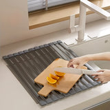Foldable Heavy Duty Roll-Up Dish Drainer - Space Saving Adjustable Height Heat Resistant and Detachable Sink Storage Rack Withr